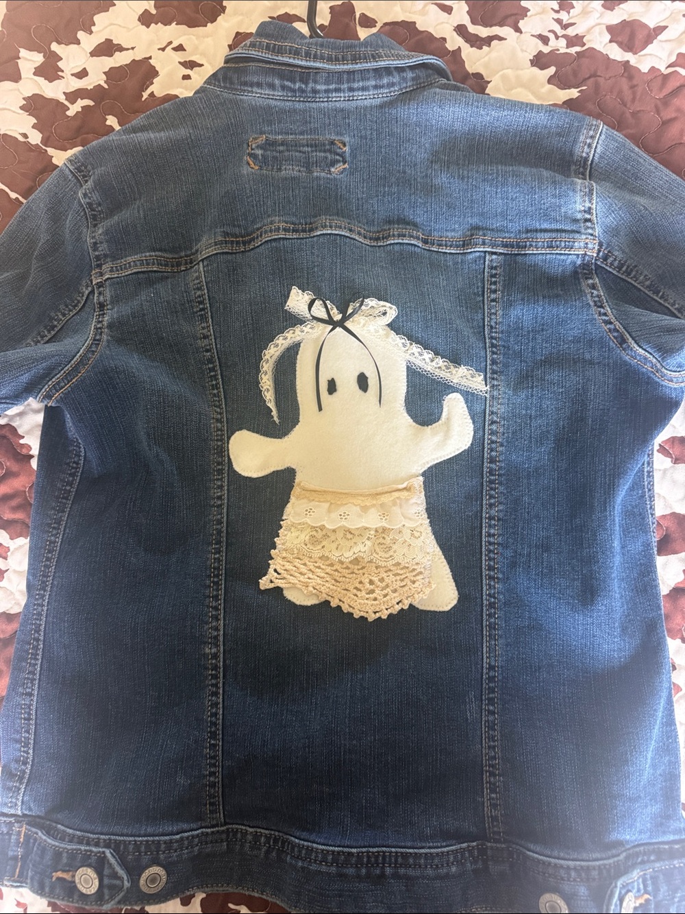 Maurices Blue Denim Jacket with Cream Lace Ghost Appliqué